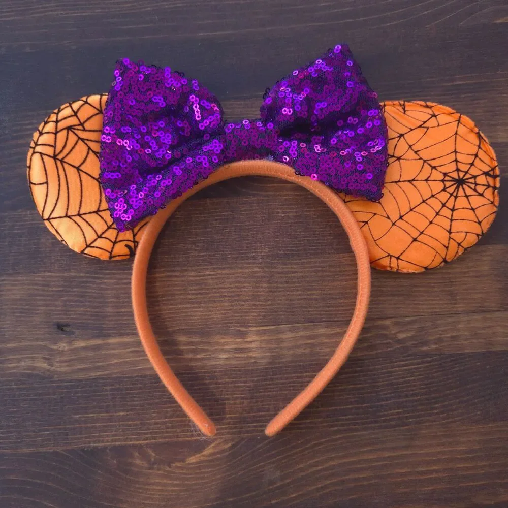 Halloween Spider Web Minnie Mouse Ears Purple Bow Orange Headband